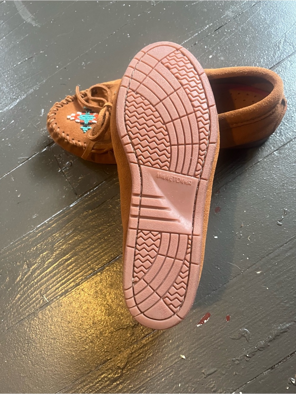Minnetonka Brown Suede Moccasins with Turquoise & Coral Beadwork - Picture 6 of 9
